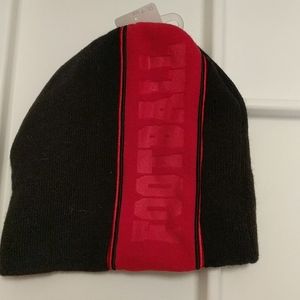 Boy's red & black winter hat with football theme
